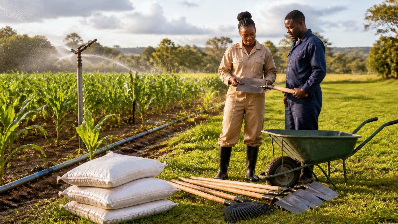 Farmers inspecting hand tools, irrigation equipment and farm inputs on a Ugandan farm