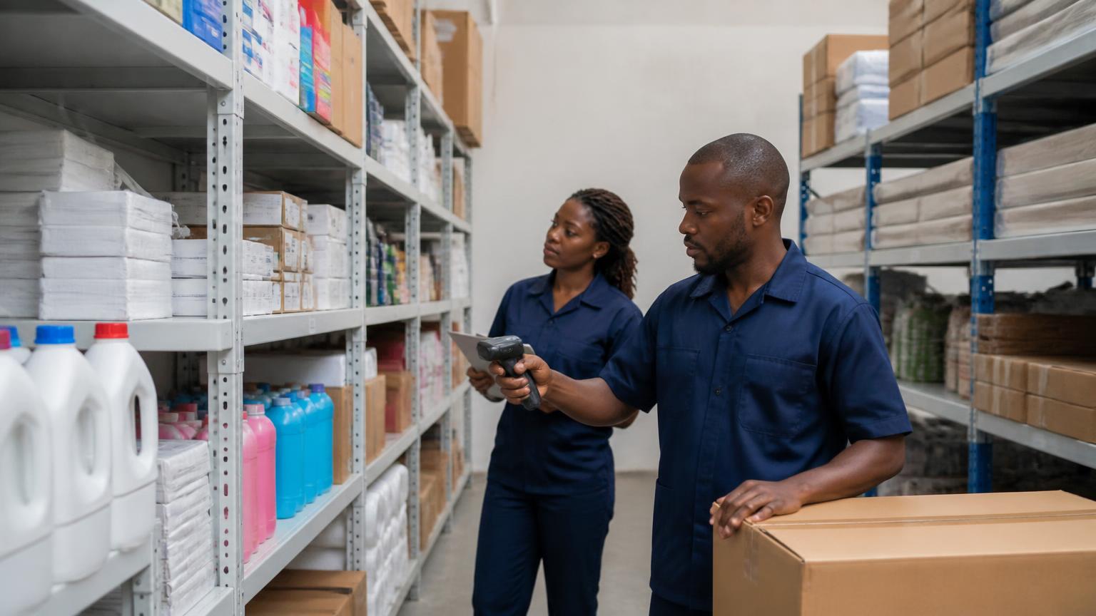 Warehouse staff checking shelves of general supplies and consumables in Uganda