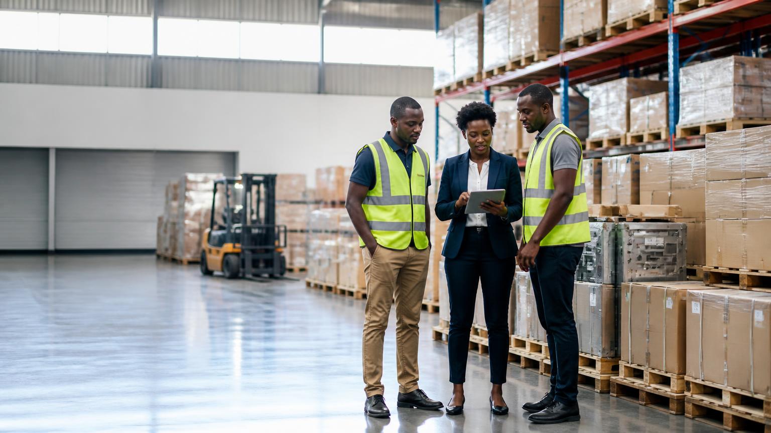 Rennes Solutions procurement team reviewing stock in a Ugandan supply warehouse