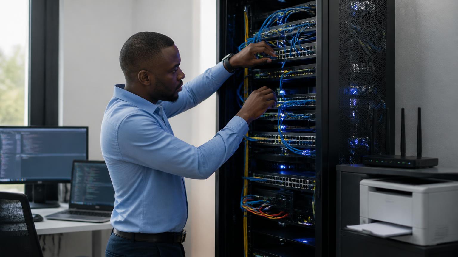 IT professional installing networking equipment in an office server rack