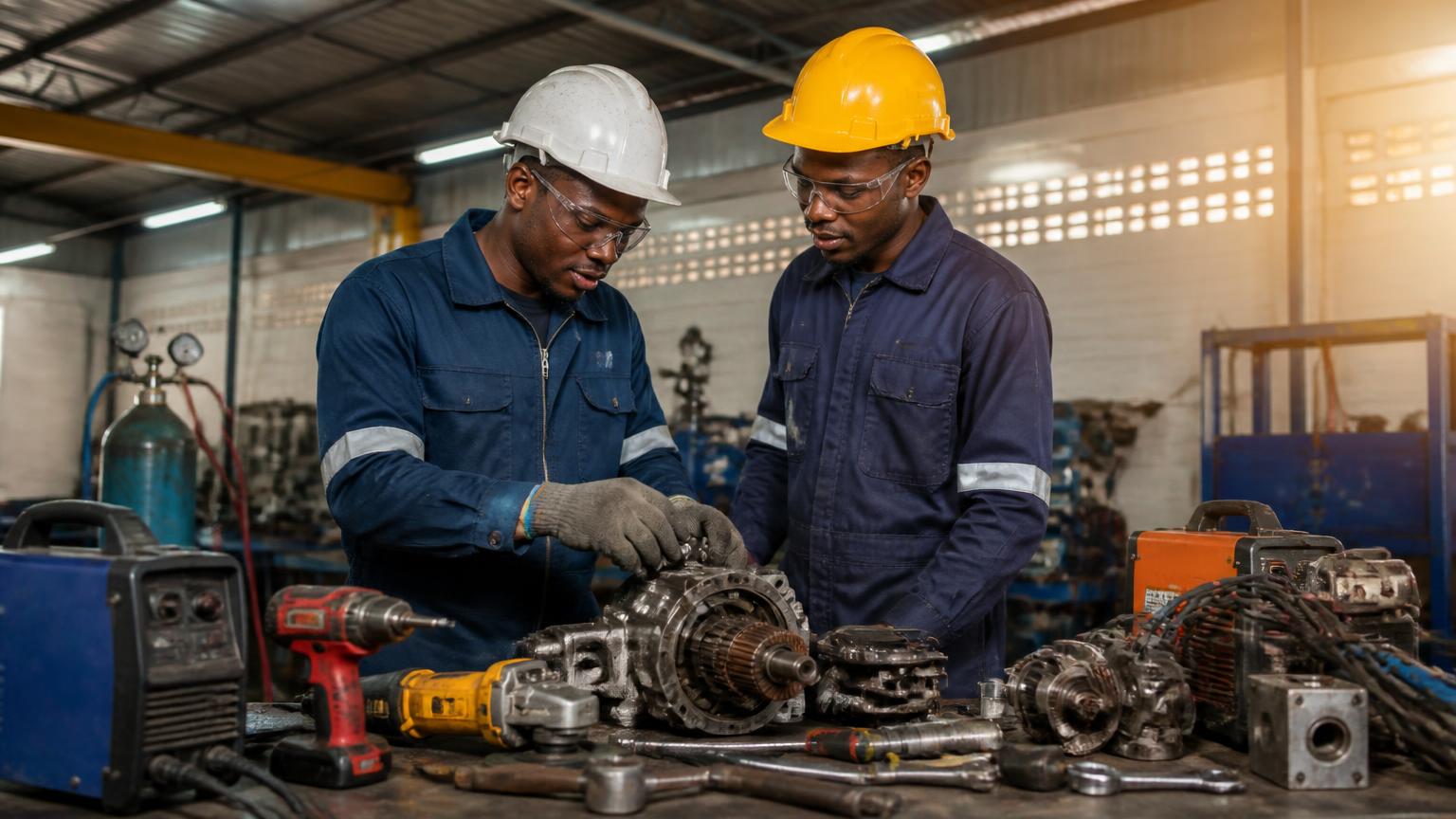 Industrial technicians inspecting machinery components and power tools in a workshop