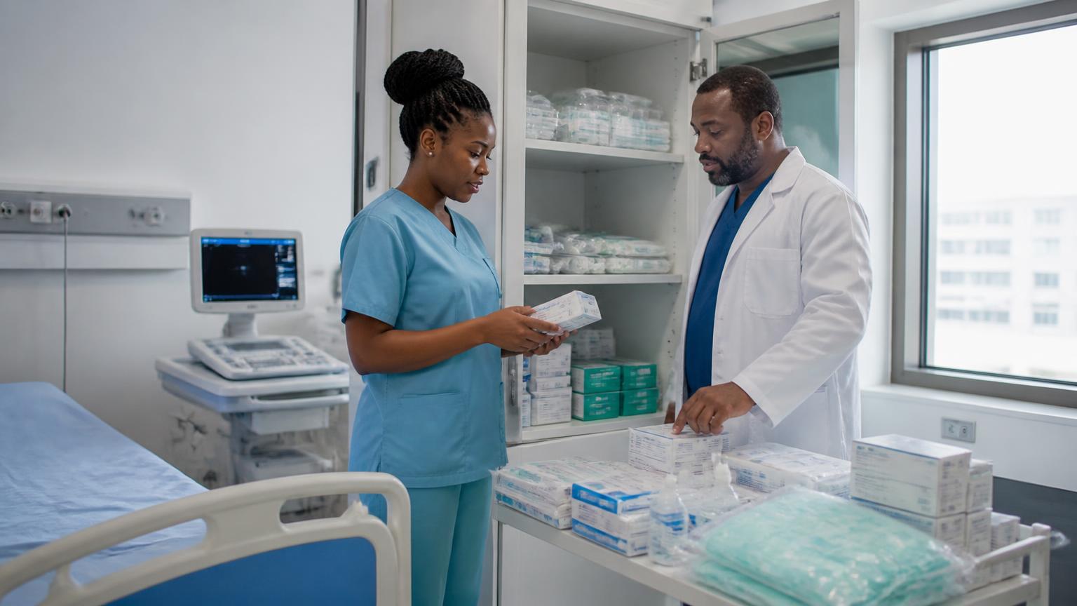 Healthcare staff checking medical consumables and equipment in a Ugandan hospital