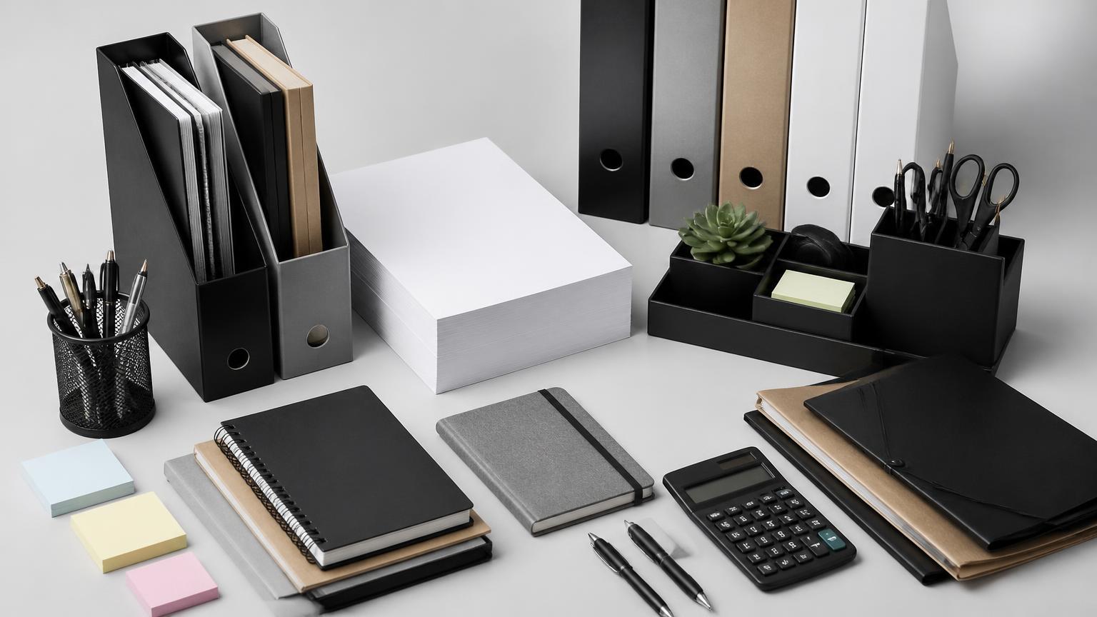 Office stationery including paper reams, files, notebooks and desk organisers