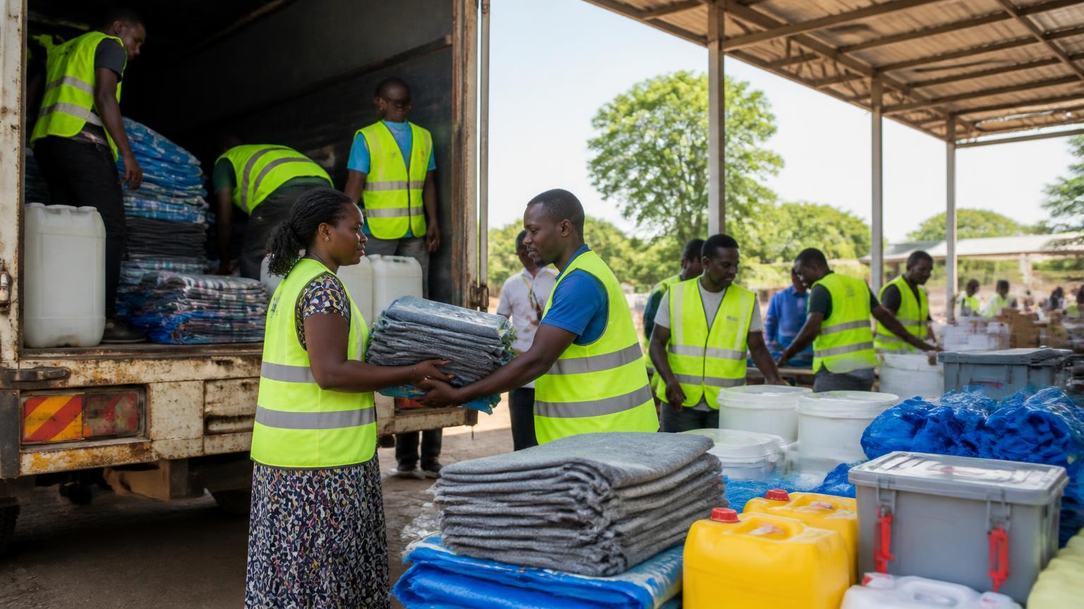 Logistics workers distributing blankets, jerrycans and relief items from a truck in Uganda