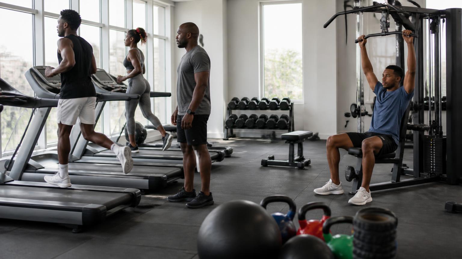 People training on treadmills and weight machines in a modern gym